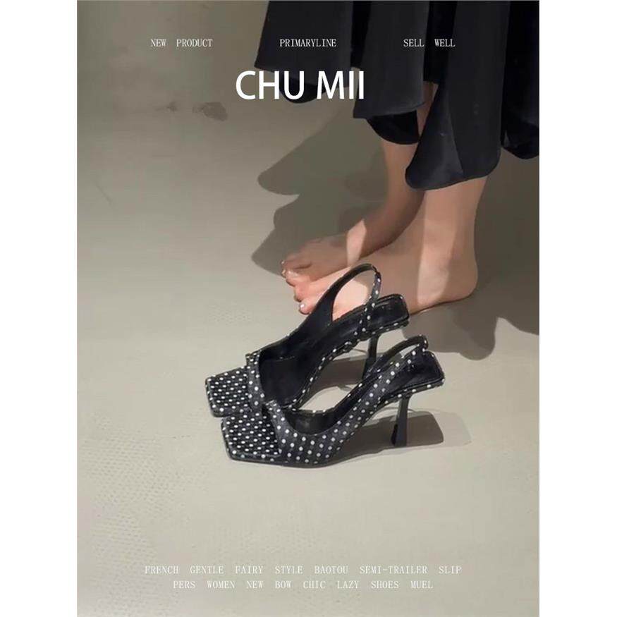 羊皮版~小众设计感波点高跟鞋女方头细跟露趾凉鞋法式绝美凉拖鞋