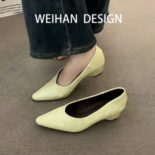 羊皮版！跛跟内增高真皮尖头包鞋法式高级感玛丽珍女鞋不累脚瓢鞋