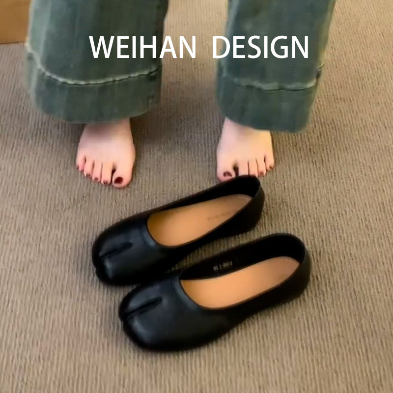 羊皮版！黑色简约分趾平底单鞋女浅口软皮舒适一脚蹬通勤芭蕾舞鞋