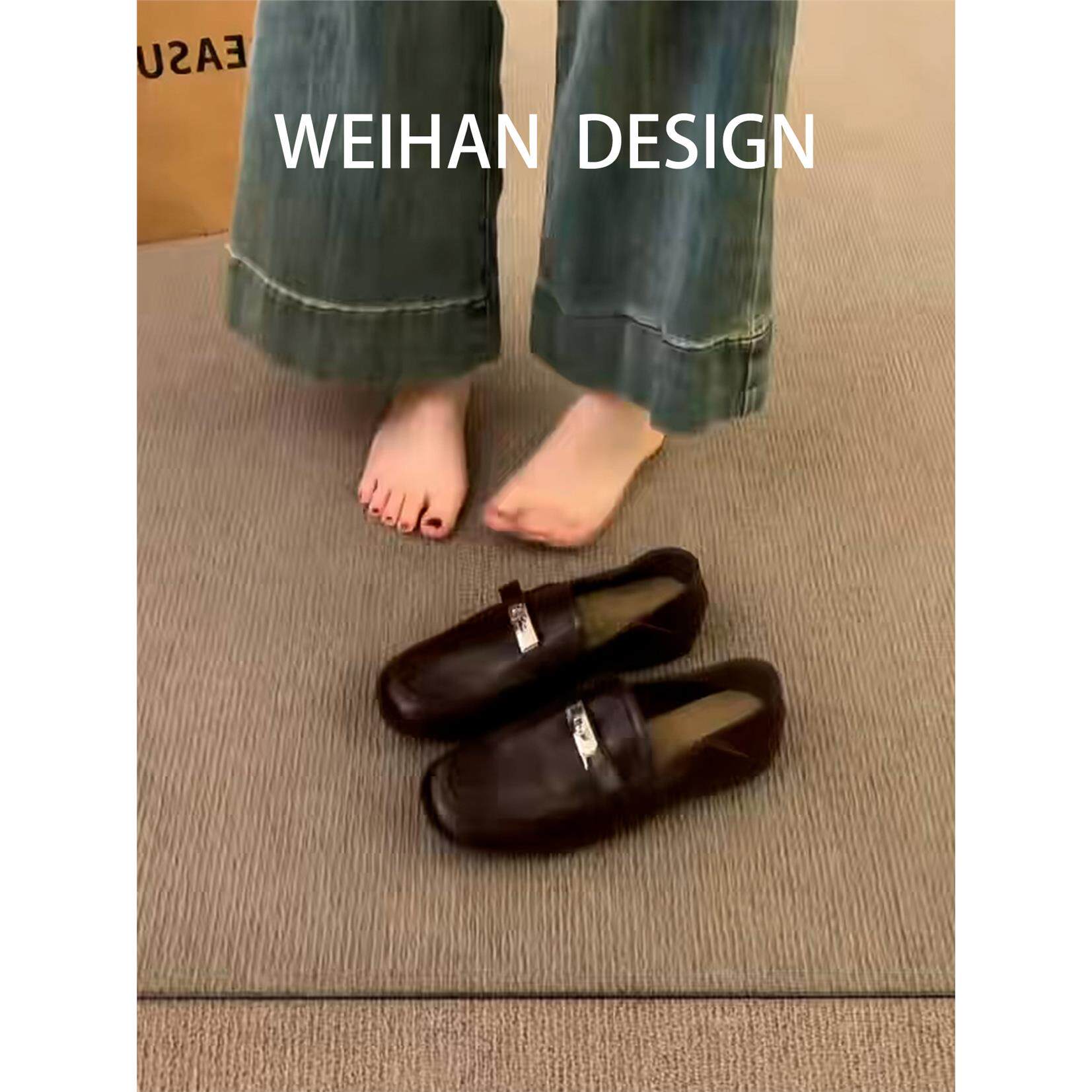 羊皮版！简约气质金属扣乐福鞋女圆头平底懒人休闲一脚蹬浅口单鞋