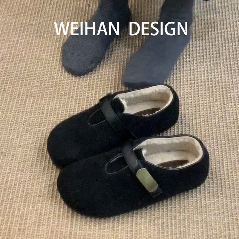 羊皮版！内增高厚底加绒勃肯鞋女秋冬复古乐福鞋外穿毛毛保暖棉鞋