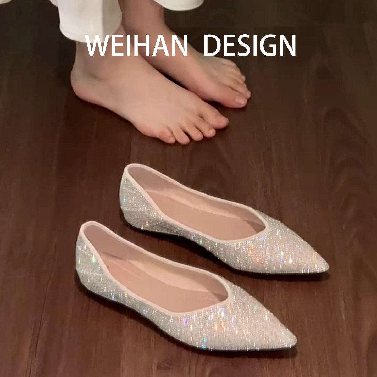 羊皮版！金闪闪水钻尖头平底鞋单鞋女春夏新款气质名媛软底鞋婚鞋