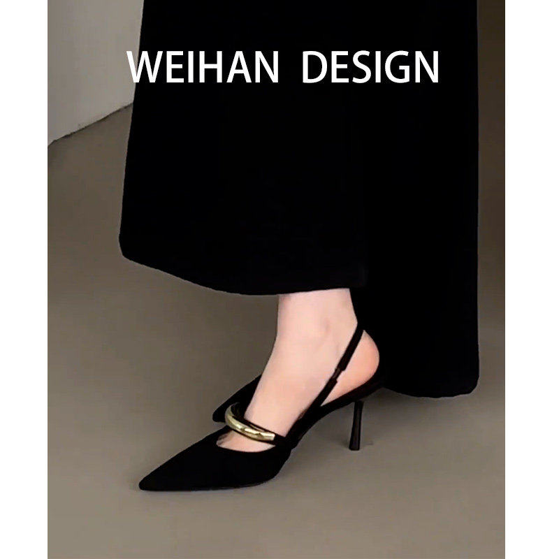 羊皮版！法式黑色金属扣细跟凉鞋女尖头浅口一字带包头高跟鞋单鞋
