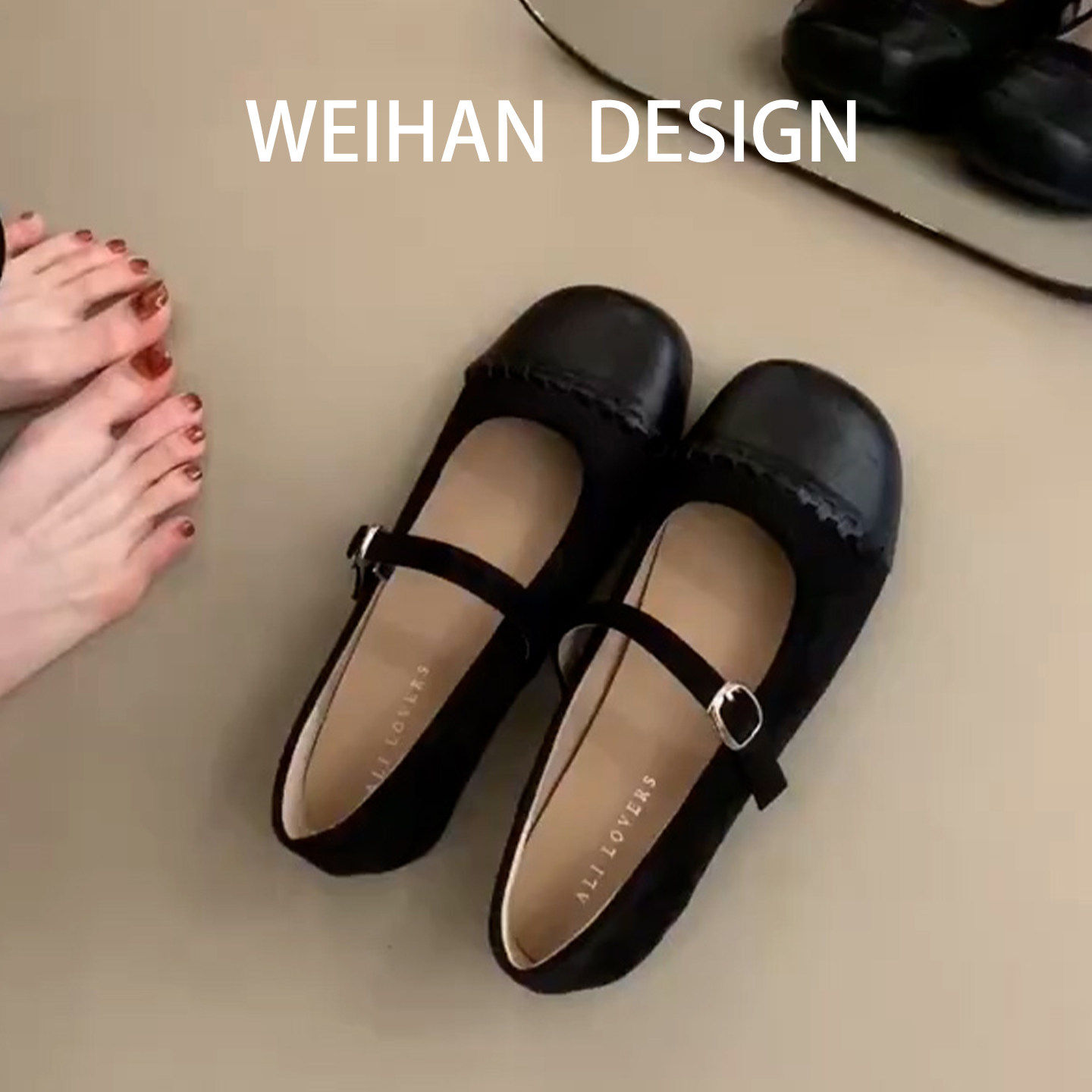 羊皮版！黑色圆头平底玛丽珍鞋配裙子一字带小皮鞋浅口舒适豆豆鞋