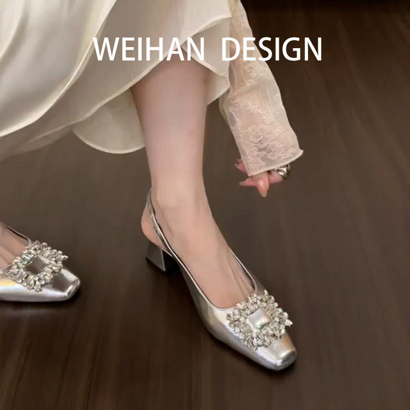 羊皮版！银色水钻方扣粗跟凉鞋女夏外穿通勤不累脚一字带后空单鞋