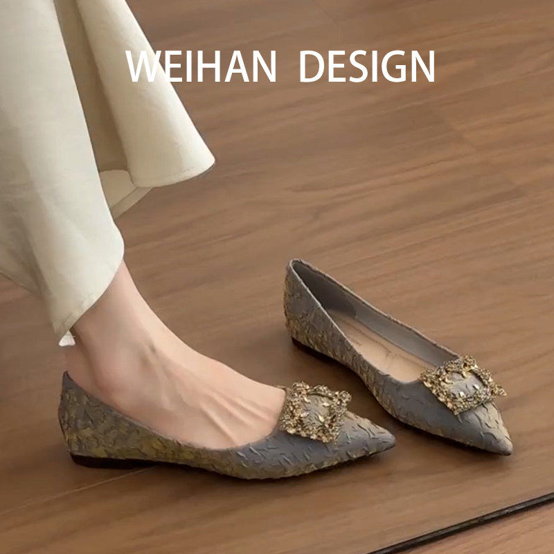 羊皮版！法式尖头绝美水钻单鞋女小众高级设计感配裙子浅口平底鞋