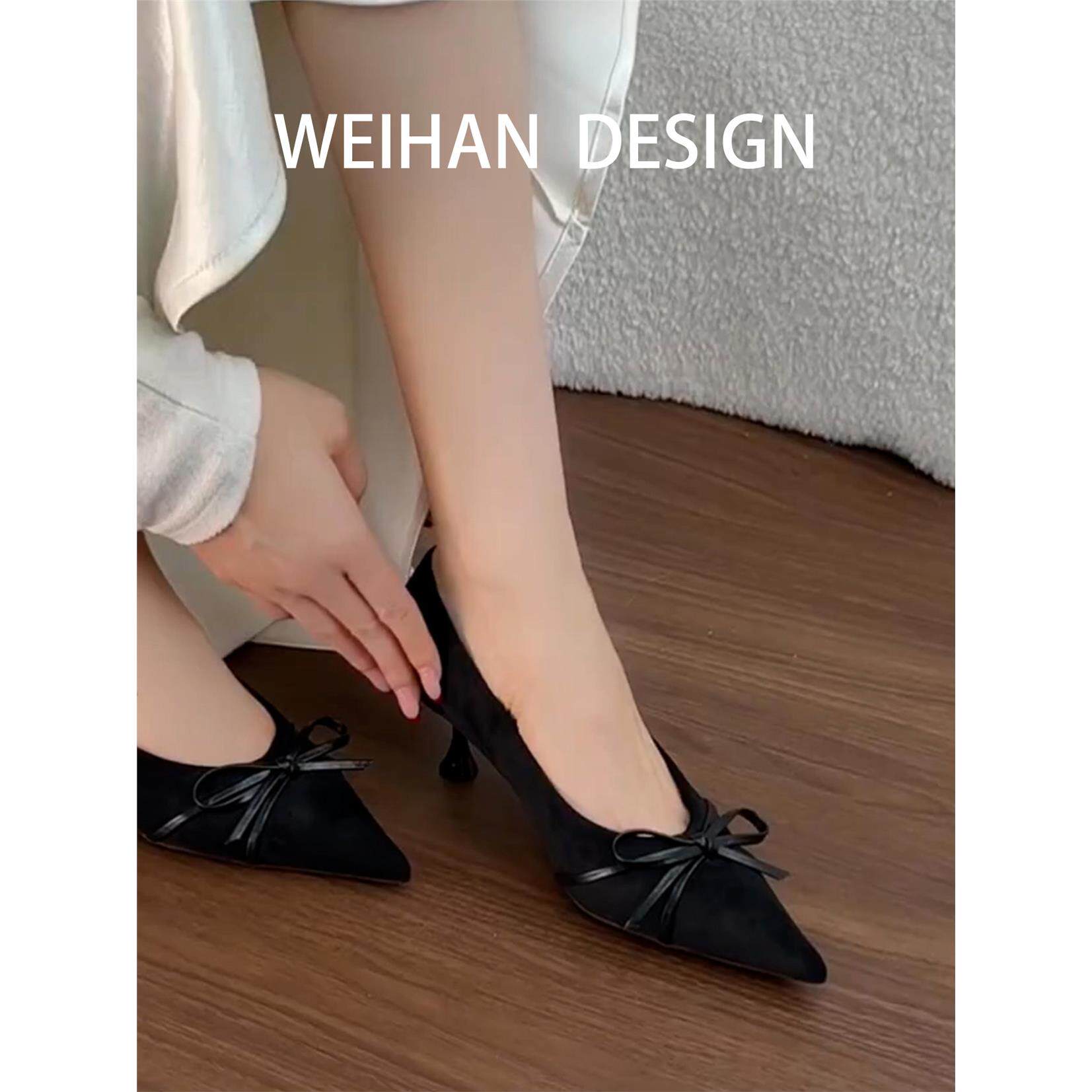 羊皮版！黑色尖头细跟高跟鞋女蝴蝶结浅口单鞋通勤舒适不累脚女鞋