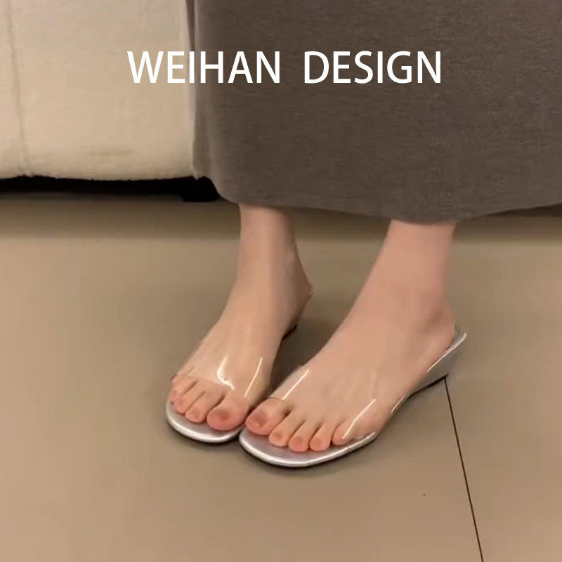 羊皮版！白色透明带坡跟凉鞋女方头外穿厚底一字拖露趾不累脚凉拖