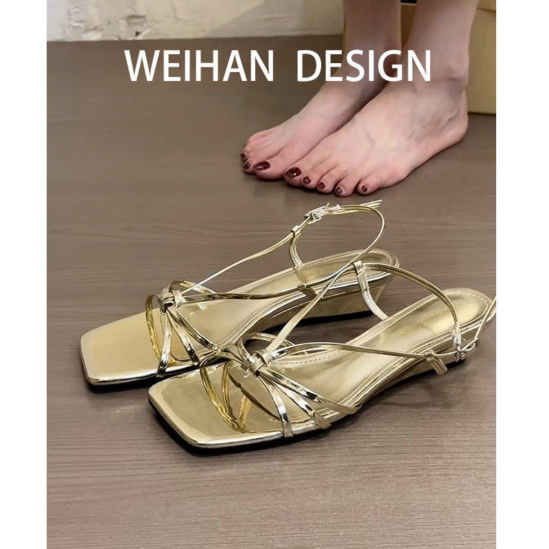 羊皮版！法式金色方头露趾凉拖鞋女外穿细带坡跟性感百搭罗马凉鞋