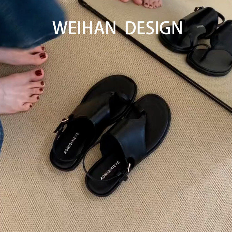 羊皮版！韩系简约黑色套趾凉拖鞋女休闲轻便一脚蹬不累脚平底凉鞋