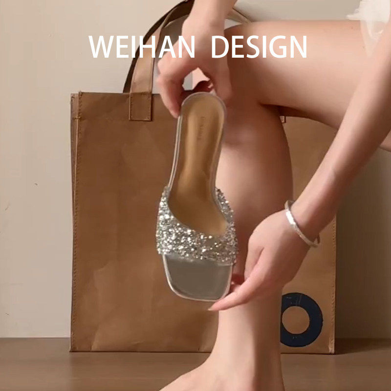 羊皮版！轻奢风水钻一字带凉鞋女方头露趾一脚蹬百搭透明跟高跟鞋