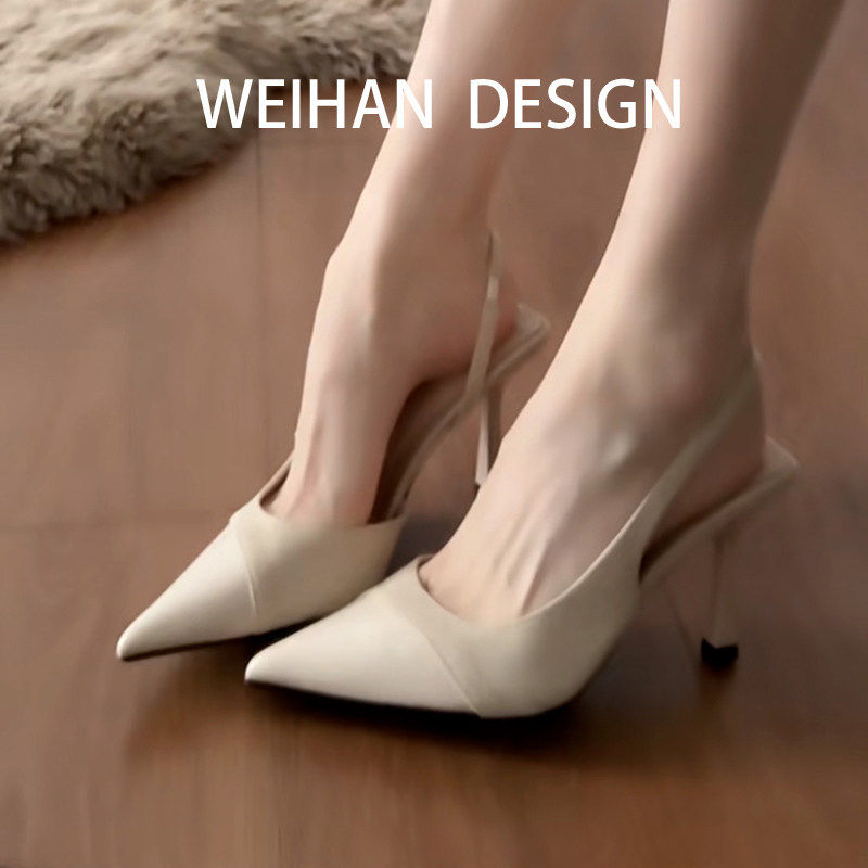 羊皮版！法式细跟高跟鞋女侧空气质仙女风尖头包头凉鞋女一字带