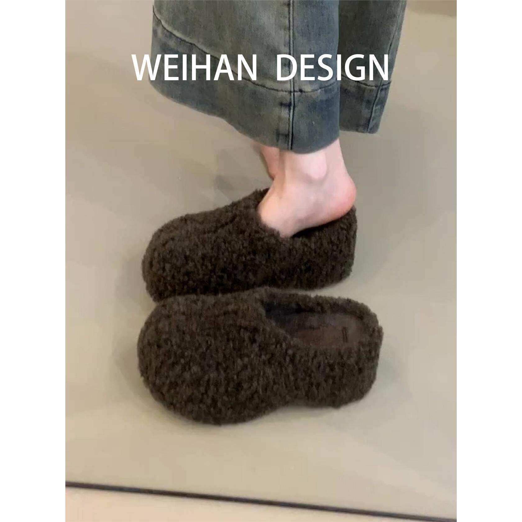 羊皮版！厚底羊毛卷包头半拖鞋女冬加绒保暖棉鞋外穿小个子毛毛拖