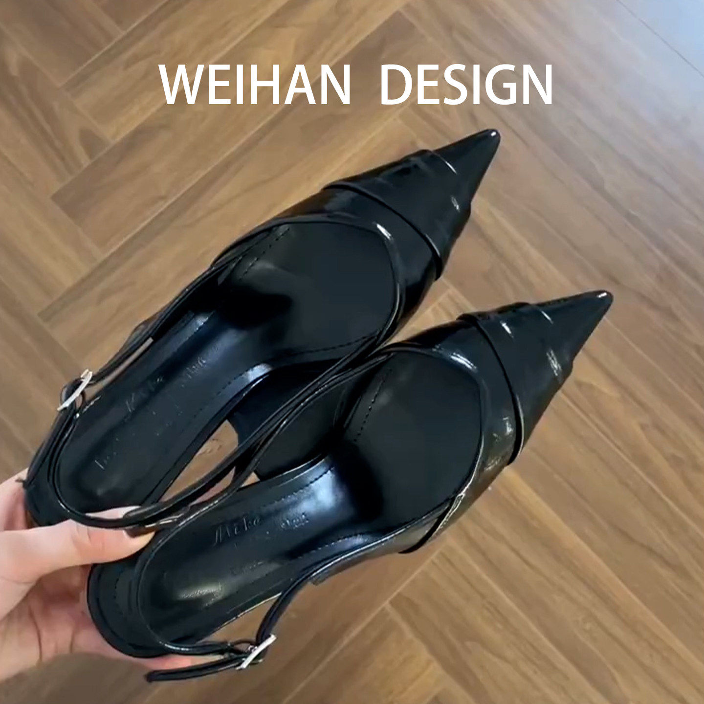 羊皮版！黑色时尚尖头高跟鞋女配裙子夏季鞋法式气质包头后空凉鞋