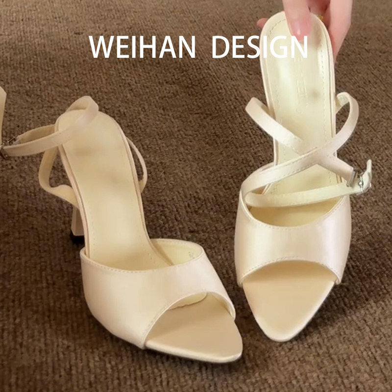 羊皮版！法式缎面交叉绑带高跟鞋女外穿配裙子露趾细跟一字带凉鞋