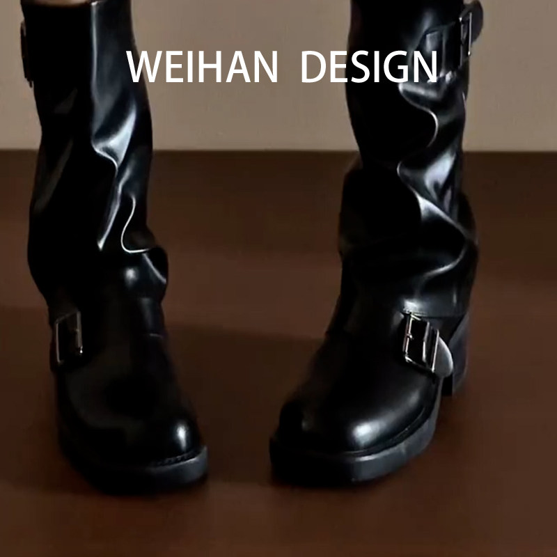 羊皮版！韩版黑色褶皱堆