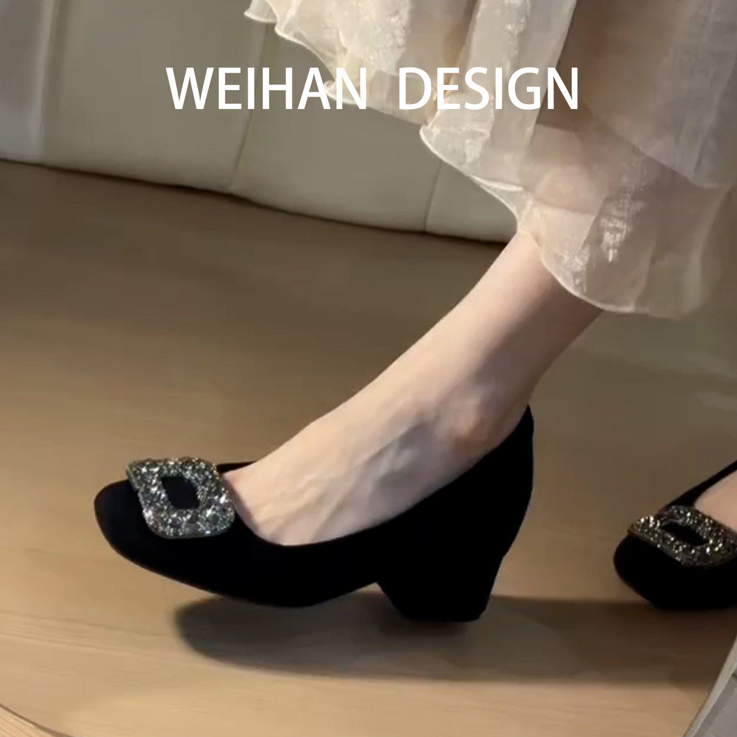 羊皮版！黑色方头粗跟高跟鞋女内增高浅口百搭职业中跟包鞋不累脚