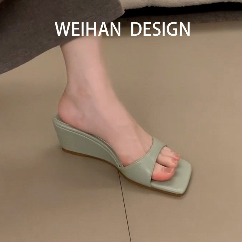 羊皮版！法式简约风坡跟方头凉拖鞋女一字带一脚蹬高级感露趾凉鞋