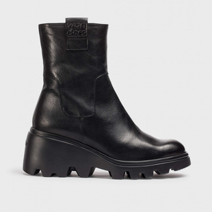WONDERS西班牙原产进口纯色超轻底坡跟圆头中筒马丁靴女靴