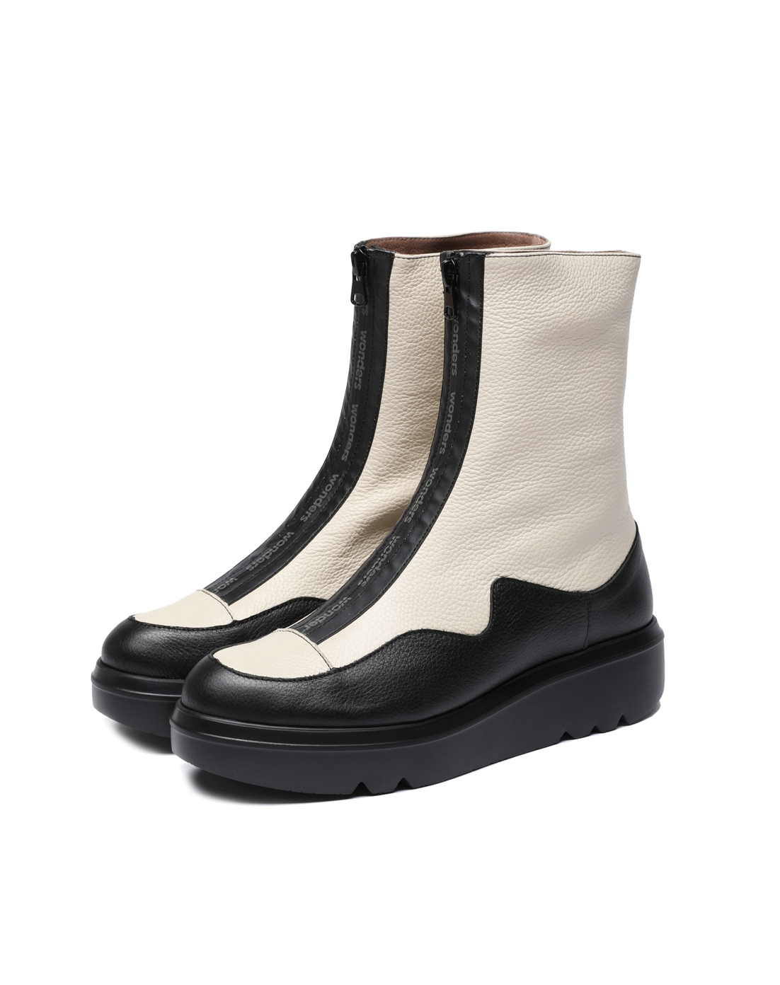 WONDERS西班牙原产进口拼接拼色中开拉链超轻复古圆头马丁靴