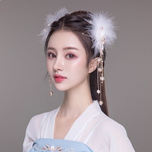 汉服头饰女儿童古风发饰羽毛古典舞演出古代一体式假发髻古装配饰