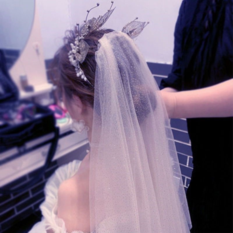 珍珠头纱闪亮新娘结婚头饰超仙森系双层短款女主婚纱配饰拍照道具