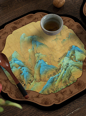 新中式花形山水茶洗垫子科技绒硅藻泥吸水速干茶盘垫子古风茶席