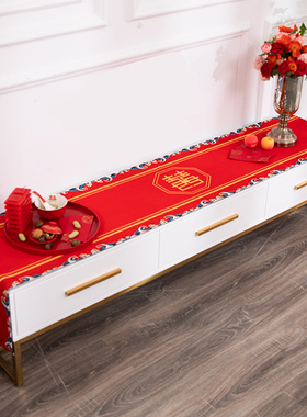 中式婚礼红色喜字电视柜盖布长方形防水棉麻桌布中式结婚喜庆台布