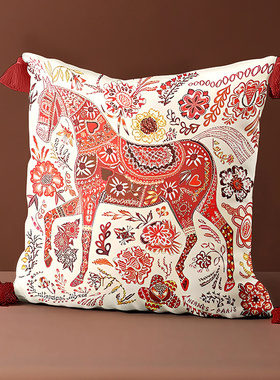 新式沙发客厅抱枕轻奢高级感彩绘方形马高颜值靠背靠垫枕套不含芯
