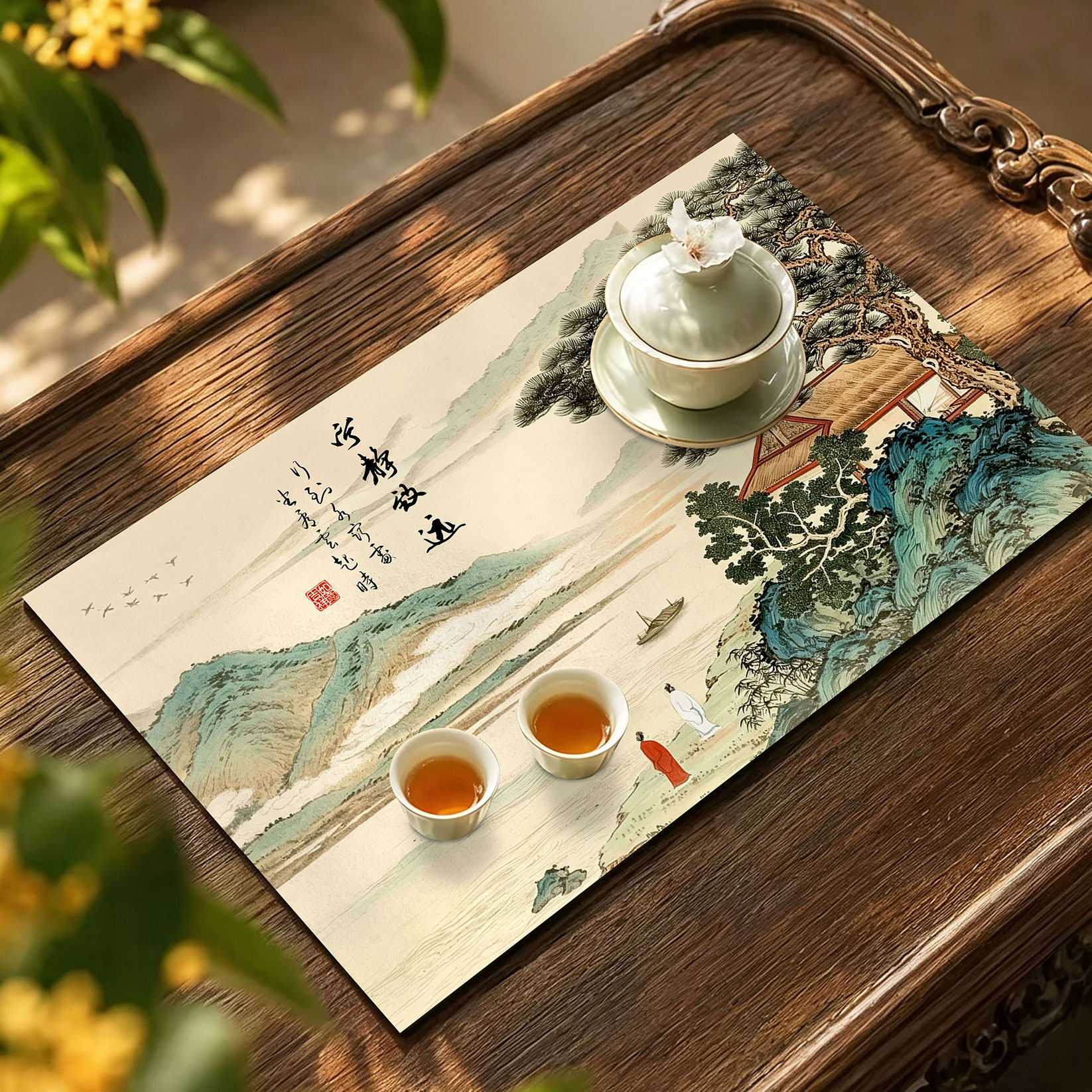 新中式山水画陶瓷茶具垫家用