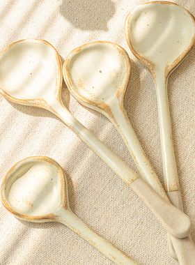 YE HOME调羹勺子~日式粗陶~手作感陶瓷汤勺 复古下午茶咖啡搅拌勺