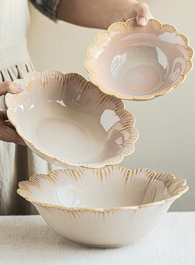 YE HOME 日式花边餐具浮雕花边碗家用沙拉碗面碗杏色民宿大汤碗