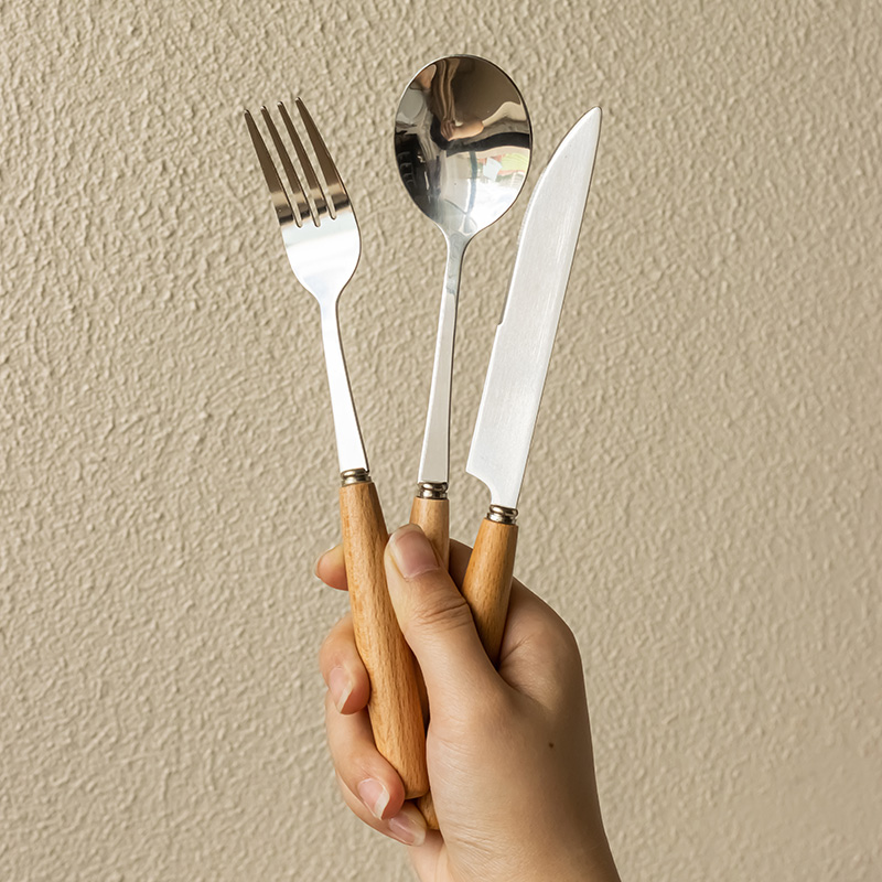 ins简约刀叉勺木柄不锈钢甜品勺