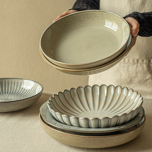 日式复古家用深盘陶瓷加厚菜盘