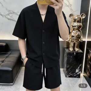 万苏聚好麦男装高档夏季新款男士V领短袖套装时尚轻奢衬衫两件a7