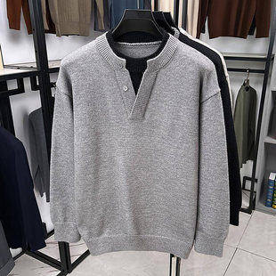 欧关男装双领V领假两件毛衣男士潮流百搭针织衫秋冬时尚打底上a89