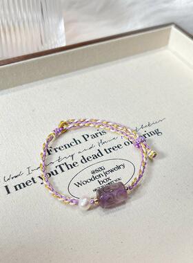 巧恩简约小众天然紫水晶回纹桶珠路路通手工编织棉麻绳手绳女