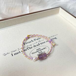 巧恩简约小众天然紫水晶回纹桶珠路路通手工编织棉麻绳手绳女