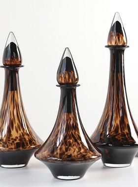 中古创意豹纹玻璃花瓶摆件复古高级样板房桌面门店软装设计摆件