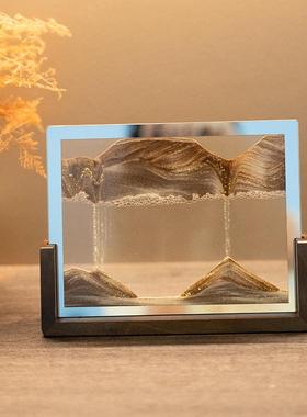 创意木底座镜面流沙画摆件沙漏玻璃工艺品桌面摆件家居礼品装饰品