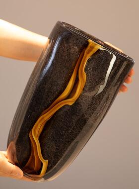 高级感黑色橘水纹复古插花器软装摆件花瓶样板房现代装饰品