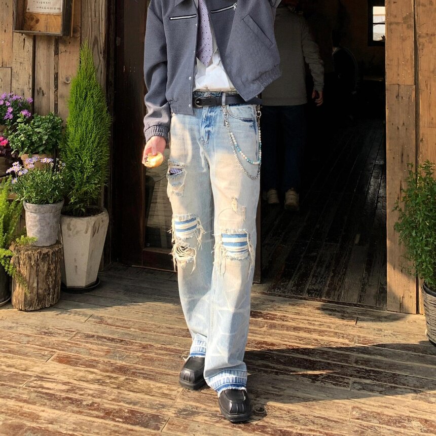 美式高街浅蓝色vibe风设计破洞直筒牛仔裤男裂纹宽松垂感阔腿裤子
