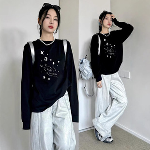 胖mm纯棉正肩长袖t恤女黑色内搭美式慵懒chic早秋单穿大码上衣女