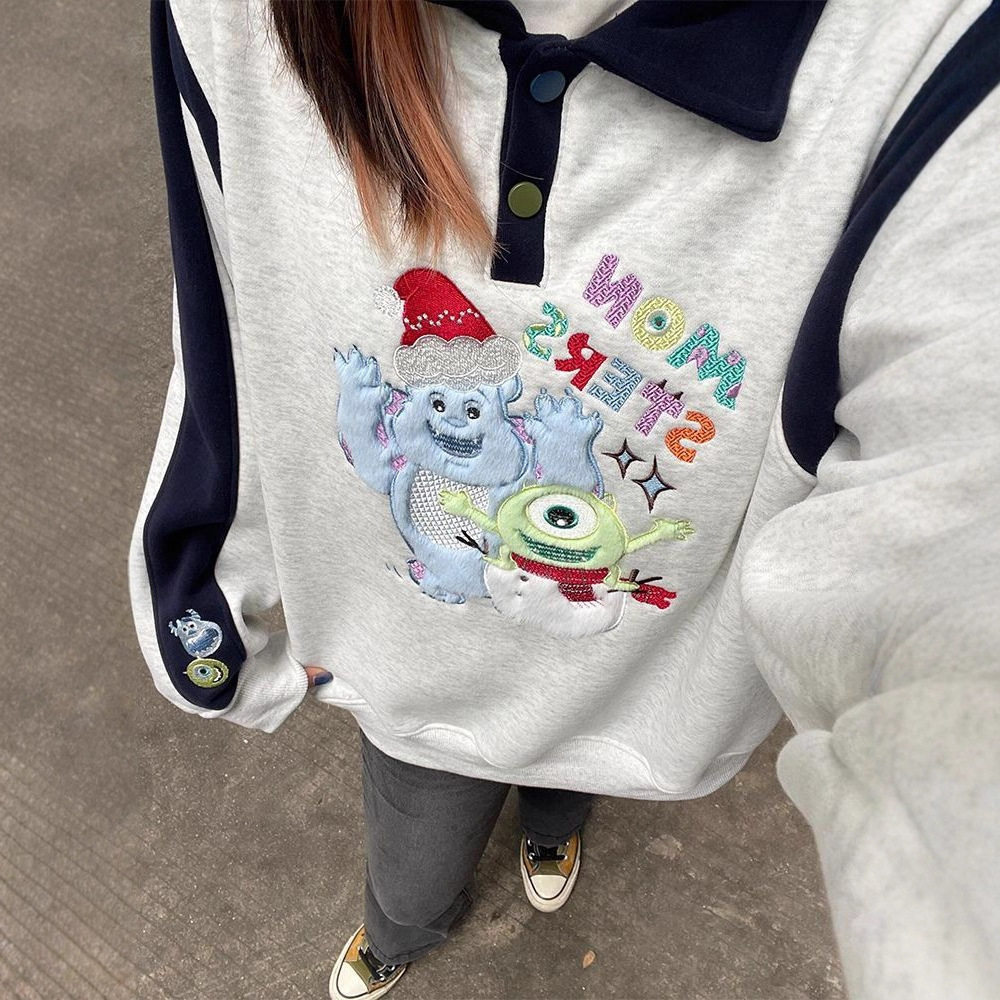 美式复古加绒翻领刺绣小怪兽撞色卫衣男女韩系chic慵懒风无帽上衣