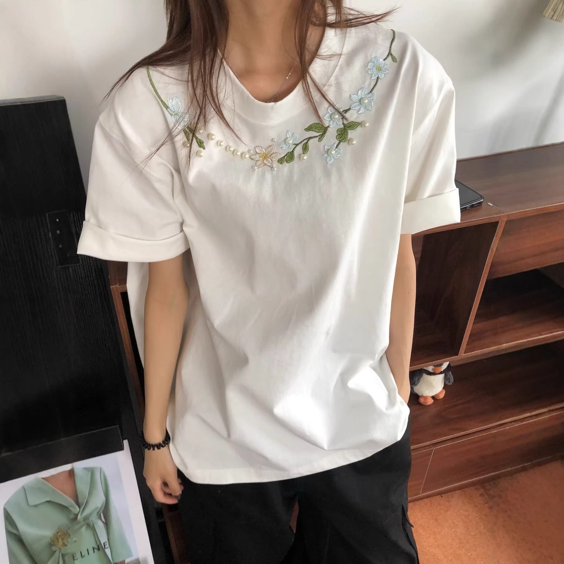 美式高街珍珠钉珠刺绣短袖t恤女夏季潮牌设计感宽松情侣纯棉上衣