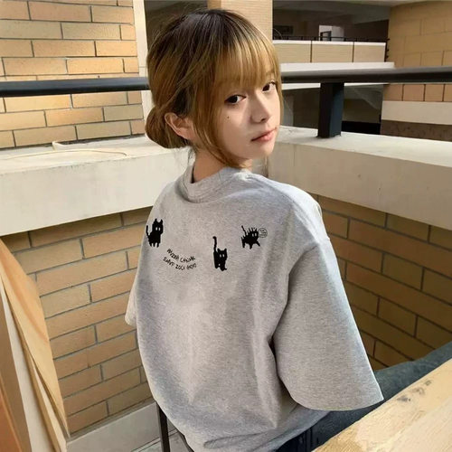 纯棉灰色小众设计感短袖t恤女宽松小个子女大童美式潮牌正肩上衣