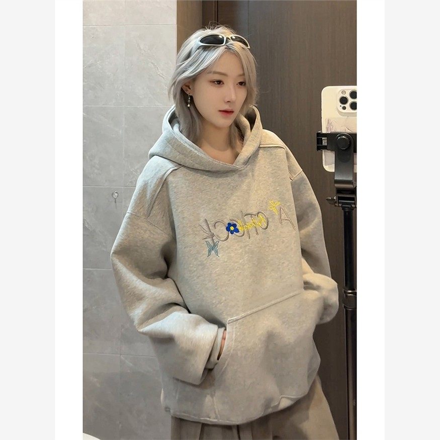 灰色重磅字母刺绣卫衣男款秋冬美式痞帅高级感外套硬挺情侣连帽衫