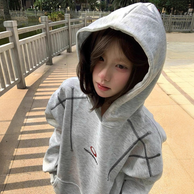 美式复古不规则灰色连帽卫衣女秋冬新款加绒加厚设计感银狐绒