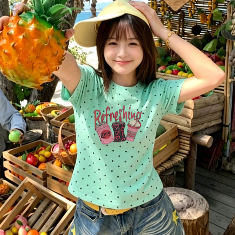 圆领正肩波点短袖T恤女装夏季新款卡通饮料印花小众设计修身上衣