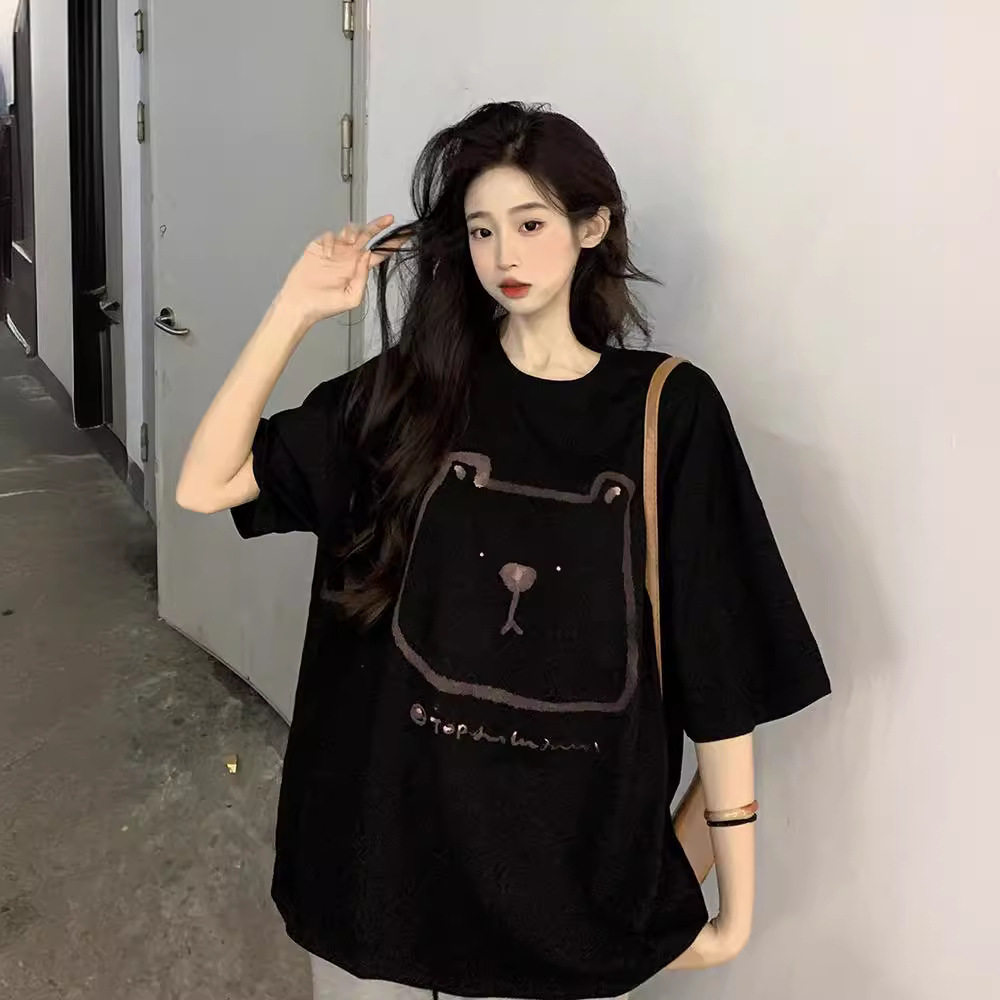 纯棉 大码胖MM短袖印花白色T恤女夏季宽松慵懒风微胖落肩显瘦上衣